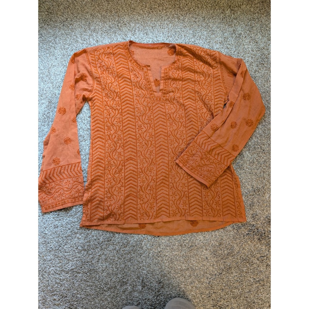 Embroidered Lightweight Tunic Women L Orange Chikankari Boho Peasant Top Hippie